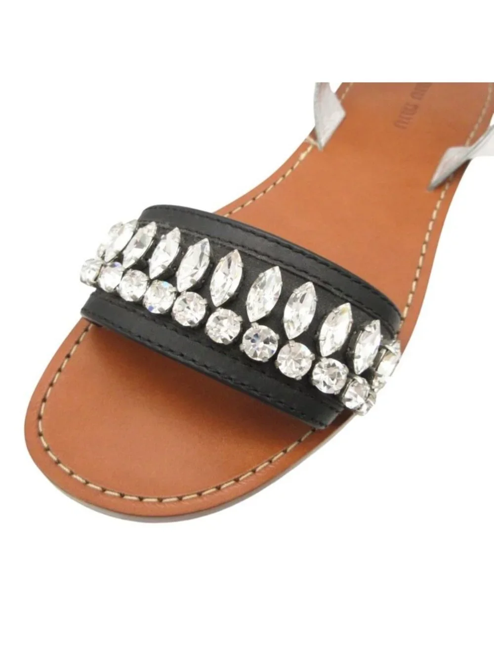 Miu Miu Sandals Flat Shoes Bijou Decoration Ankle Strap Belt Silver Black